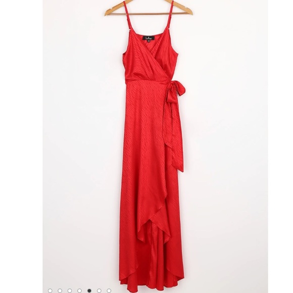 Keeping it Wild Red Satin Jacquard Midi Wrap Dress - Picture 2 of 3